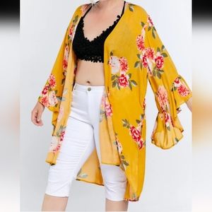 Davi & Dani Yellow Mustard Floral Print Ruffle Draped Longline Maxi Kimono